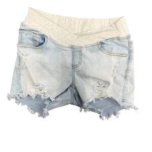 Maternity Shorts Underbelly Low Rise Distressed Raw Hemline  Pull on Denim Blue